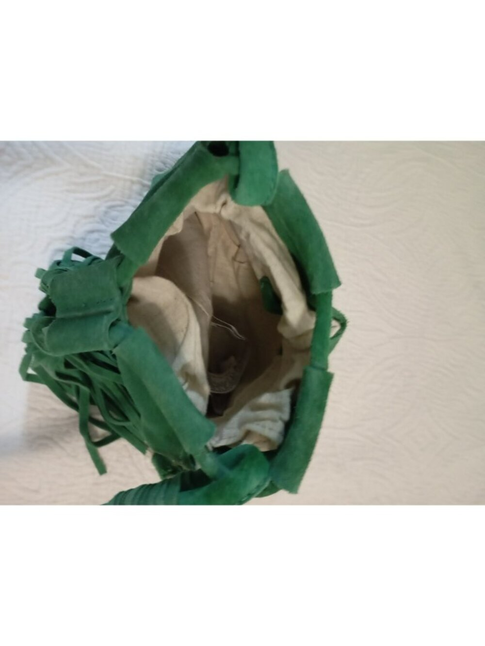 Zara Trafaluc Green Suede Fringe Crossbody Bag Cotton-Linen Drawstring Lining - Picture 10 of 11